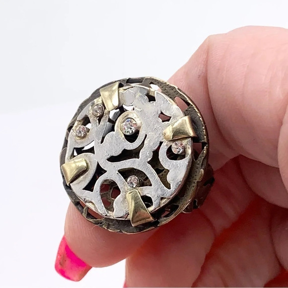 Sorrelli Brass and Silver Crystal Studded Adjustable Band Ring - Picture 2 of 4